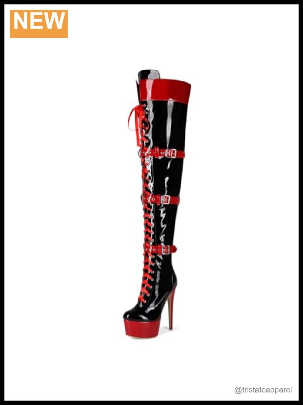 Over the Knee Stiletto Platform Boots with Patent Leather Adjustable Belt Zip